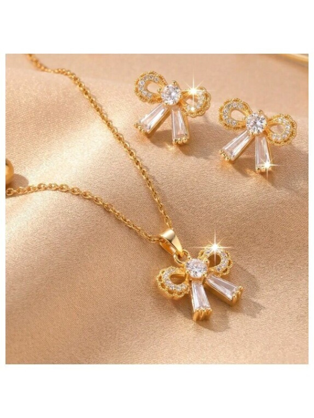 Round and baguette bow - Necklace/Earring set - Gold - CZs - 18"